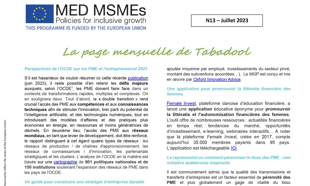 #TABADOOL  Juillet 2023! 
la page mensuelle #TABADOOL N13 de #Juillet 2023

👉lnkd.in/div9udyg

medmsmes.eu/tabadoolnewsle…
#Newsletter #CoP #CommunityofPractice #MSMEs #Tabadool