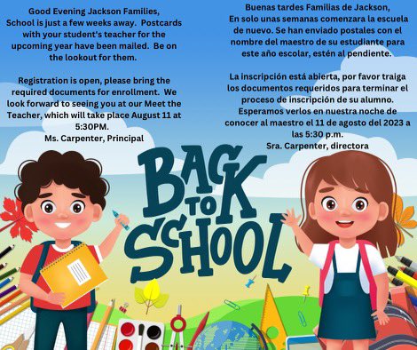 Jackson Elementary CHISD (@jackson_chisd) on Twitter photo Attention Jackson Families,
Information on your student’s teacher & class for the upcoming school year was mailed out today.
Registration is also open & campus assistance is available. Let’s get all our students enrolled fully enrolled!
<a href="/ChapelHill_ISD/">Chapel Hill ISD</a> <a href="/_MsCarp/">Judy Carpenter</a> #chapelhillisd Attention Jackson Families,
Information on your student’s teacher & class for the upcoming school year was mailed out today.
Registration is also open & campus assistance is available. Let’s get all our students enrolled fully enrolled!
<a href="/ChapelHill_ISD/">Chapel Hill ISD</a> <a href="/_MsCarp/">Judy Carpenter</a> #chapelhillisd