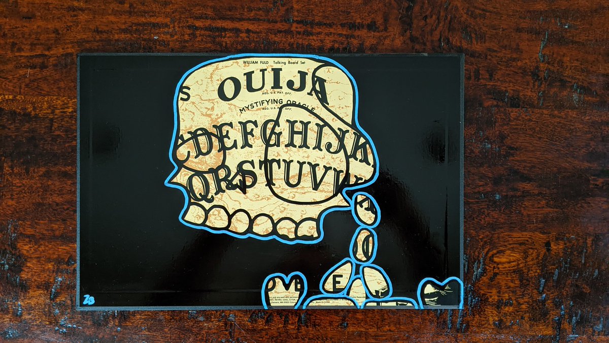 Paint pen on Ouija board
10" x 15"
Available