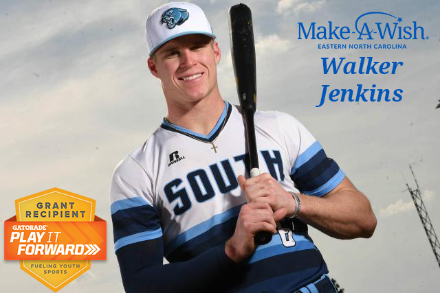 Thank you Walker Jenkins for donating your <a href="/Gatorade/">Gatorade</a> Player of the Year Play It Forward Grant to help support wishes! 💙 ⚾ Congratulations on being the Gatorade NC Baseball Player of the Year! We're cheering you on from SBHS Cougar Baseball all the way to Minnesota! #GatoradePOY