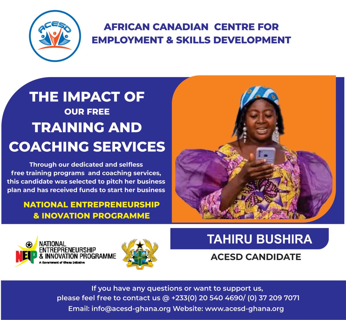 AcesdGhana's tweet photo. The Impact of Our Free Training and Coaching Services Helped Tahiru Bushira to get funds to start her business after her business plan pitched. You can also be part of this exciting story. Join ACESD Now. Visit our website for more information. https://t.co/GR1f710QcJ https://t.co/pUX3MddF7f