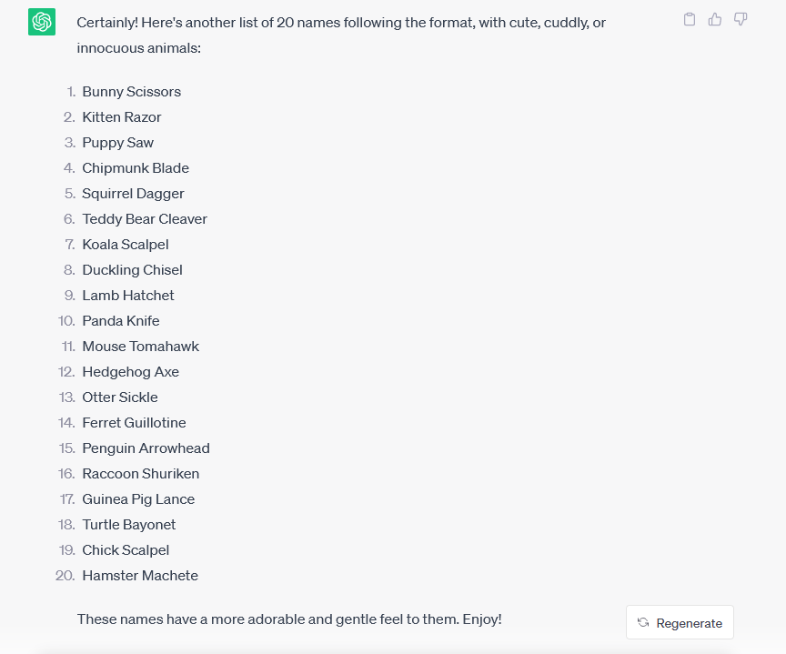 GrandsPod's tweet photo. Releasing these into the wild. Here are the lists of nicknames for Wolf Razorblade that ChatGPT came up with. Feel free to use these in your sessions. https://t.co/fFCJ9ynSk4