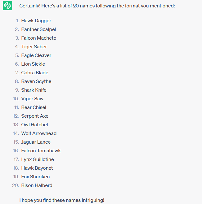 GrandsPod's tweet photo. Releasing these into the wild. Here are the lists of nicknames for Wolf Razorblade that ChatGPT came up with. Feel free to use these in your sessions. https://t.co/fFCJ9ynSk4
