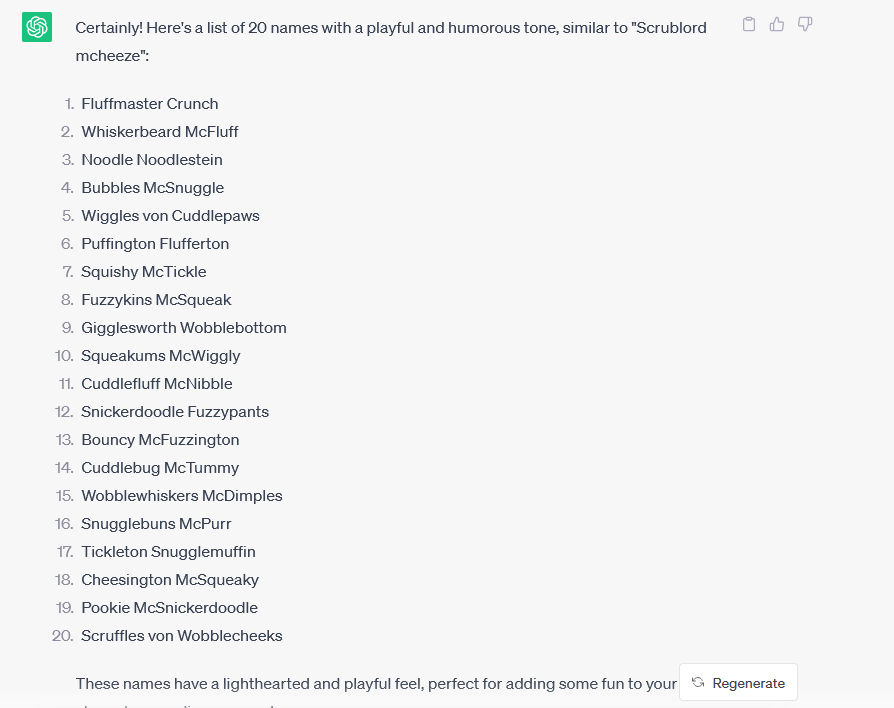 GrandsPod's tweet photo. Releasing these into the wild. Here are the lists of nicknames for Wolf Razorblade that ChatGPT came up with. Feel free to use these in your sessions. https://t.co/fFCJ9ynSk4
