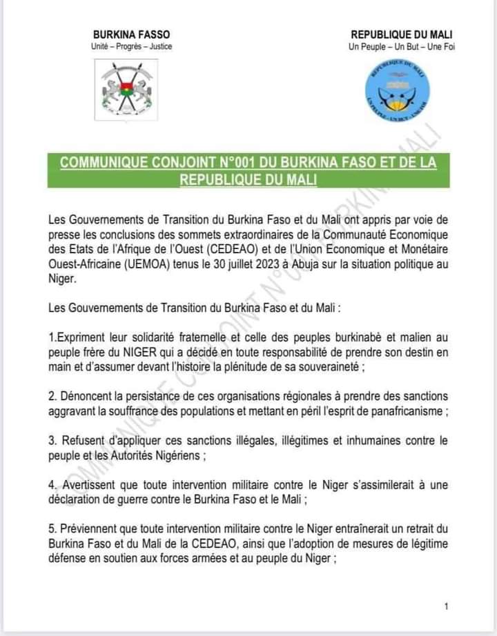 FranckDodo's tweet photo. D'après un communiqué,  le #BURKINA et le #MALI mettent en garde la #CEDEAO contre toute intervention militaire au #NIGER https://t.co/psOnpcaW0q
