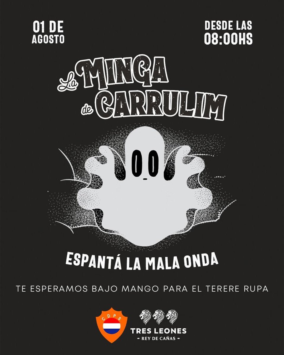 ¡Espantá la mala onda!

MAÑANA 1 DE AGOSTO DE 08:00 A 11:00hs en zona Bajo Mango 🤩

Te esperamos con el ya tradicional #CarrulimSajón de la mano de Tres Leones Paraguay  🥃🍋🌿 y el Rincón del Tereré Rupa🥟🥪