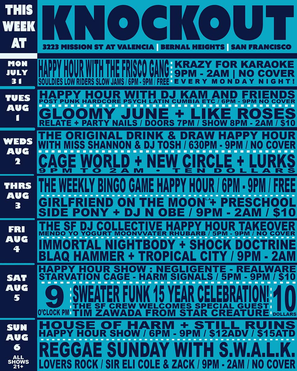 knockoutsf's tweet image. HERE'S WHAT'S HAPPENING TODAY AND TONIGHT AT THE KNOCKOUT • GRAB YER MONEY BELT, YOUR CREDIT CARDS AND YOUR SHINY DANCING SHOES AND MAYBE A LIGHT COAT AND LET THE GOOD TIMES ROLL! instagram.com/theknockoutsf/