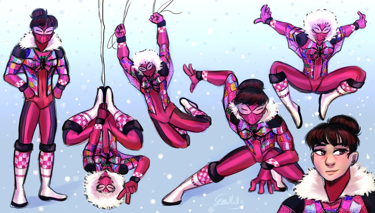 LittleMull3's tweet photo. ''My name is Nivi Kalia, the one and only Spider-Woman! Bitten by a radioactive spider, swinging through the city for 2 months now. No need for the usual origin story.  Let's swing into action!'' Finally made a spider-sona with Greenlandic-inspired clothes ^^ https://t.co/qLiXy5y0Ju
