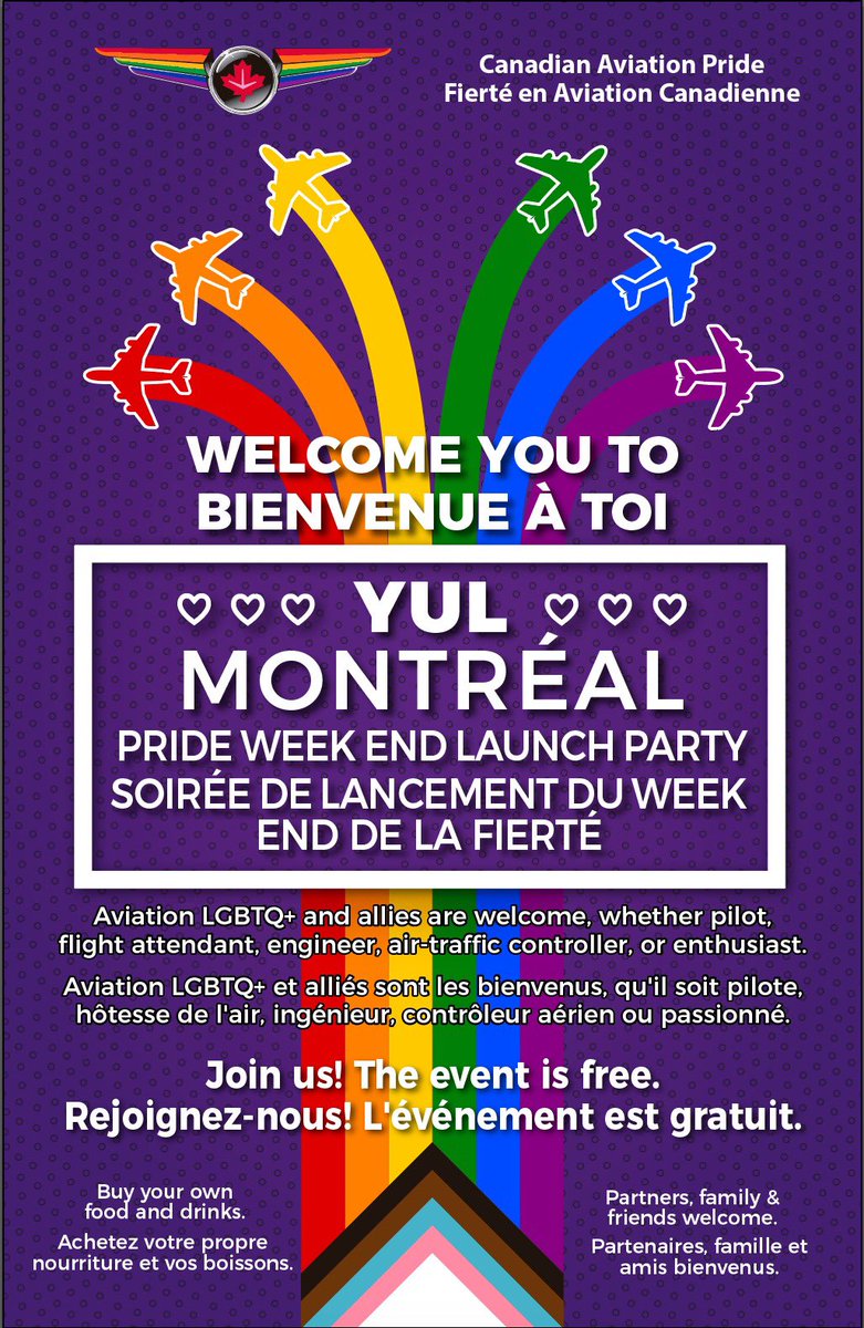 Join us in Montréal Saturday Aug 12, 7pm for our pride week end party.  Details at Aviationpride.ca #canadianaviationpride #canadian  #canadaaviation #pride #queeraviation #flygirl #flyboy #plane #flying #airplane #pilot #flightattendant #canadapride #lgbt  #fierté