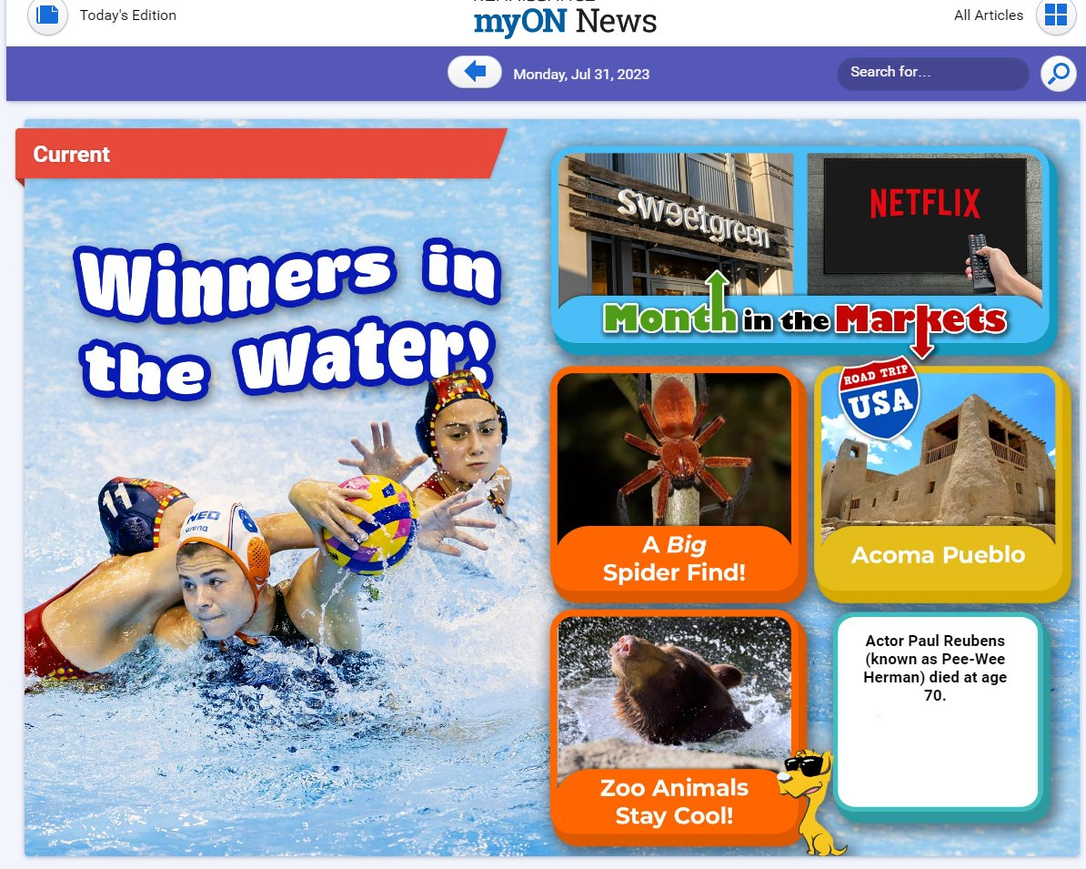 Elementary! This year, read myON News! Today's Edition - Katie Ledecky, U.S. swimmer making big news in Japan @ World Aquatics Championship! These schools loved reading the News, last year! Take the quiz for fun! <a href="/BurtonHillFWISD/">Burton Hill Elementary School</a> <a href="/RJWilsonFWISD/">Richard J. Wilson Elementary School</a> <a href="/OvertonParkFW/">Overton Park Elementary School</a> <a href="/HarleanBeal/">Harlean Beal Elementary School</a>