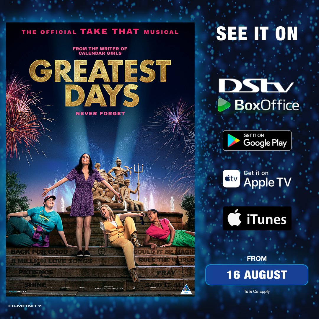 FilmfinityZA's tweet photo. A reunion of five lifelong friends, prompted by a memorable night with their favourite boy band years ago. Now, after twenty-five years, they come together again for an epic show.

Musical Drama Comedy #GreatestDays is coming to DStv BoxOffice on 16 August 2023. https://t.co/e3zoaquY6K