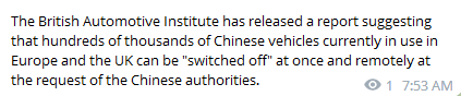 chinaexposed's tweet photo. UK Fears Beijing May Switch Off Chinese Cars Remotely - report

Britain’s roads could be paralysed by Beijing with electric cars made in China with “major security issues”, The Times reported on Sunday citing an industry warning. https://t.co/xm3oRHzyPv