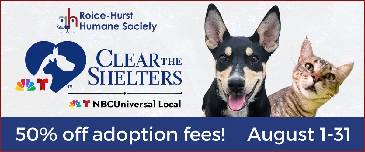 RoiceHurst's tweet image. We’ve once again partnered with @ClearTheShelter, a nationwide effort to find homes for shelter pets! For the entire month of August, all adoption fees are 50% off! Pick out your new friend at rhhumanesociety.org/adopt.
