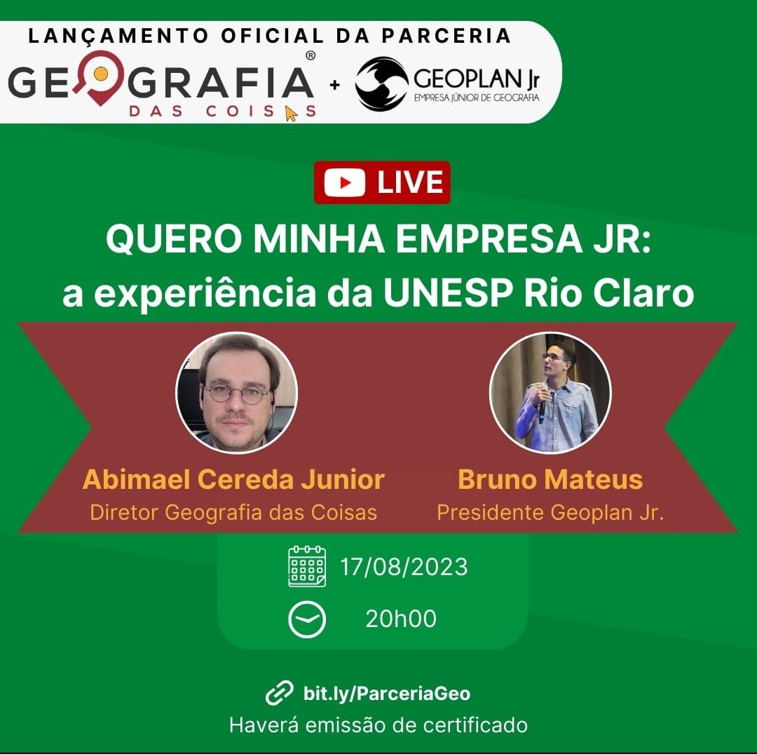 GeoplanJr's tweet photo. No dia 17 de agosto haverá uma Live conjunta de lançamento da parceria Geografia das Coisas e Geoplan Jr, onde o tema principal será "QUERO MINHA EMPRESA JR: a experiência da UNESP Rio Claro". https://t.co/2Rl2mVrNpx