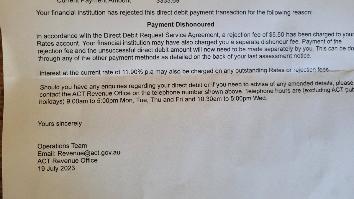 CactusCocktail's tweet photo. So the incompetence of #actgov send me a note about a missed rates direct debit and then tell me to go and hunt around for last years rates notice to find out how to pay them.
Morons thats why I direct debit, so I can forget all about it.
@actgovernment payments is so bad. https://t.co/pNOaVK8pao