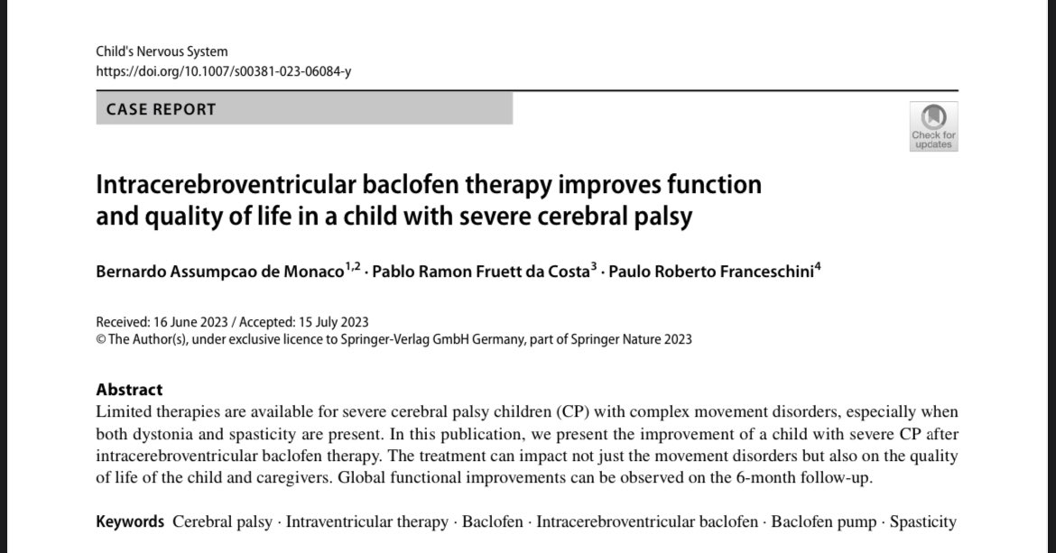 Severe cerebral palsy child improves after intracerebroventricular baclofen therapy. Video case report. Full paper available through the link: 

rdcu.be/dh4VU

#cerebralpalsy 
#baclofen
#neuromodulation