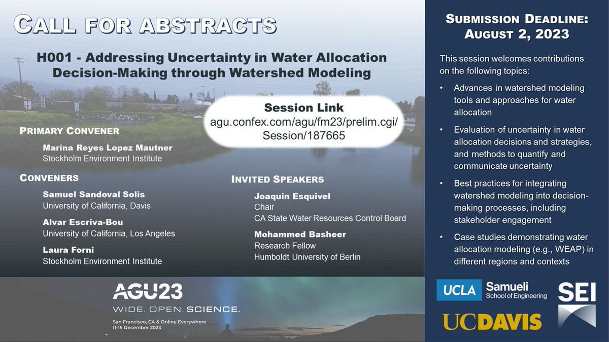 Marina the hydrologist, PhD (@marinamautner) on Twitter photo Last reminder for our #AGU23 session! Submit your research that considers uncertainties in water allocation decision-making using watershed models (e.g., WEAP) by this Wednesday, Aug 2nd.
See more details at agu.confex.com/agu/fm23/preli….
<a href="/LauForni/">Laura Forni</a> <a href="/AlvarEscriva/">Alvar Escriva-Bou</a> <a href="/SEIresearch/">SEI Research</a> Last reminder for our #AGU23 session! Submit your research that considers uncertainties in water allocation decision-making using watershed models (e.g., WEAP) by this Wednesday, Aug 2nd.
See more details at agu.confex.com/agu/fm23/preli….
<a href="/LauForni/">Laura Forni</a> <a href="/AlvarEscriva/">Alvar Escriva-Bou</a> <a href="/SEIresearch/">SEI Research</a>