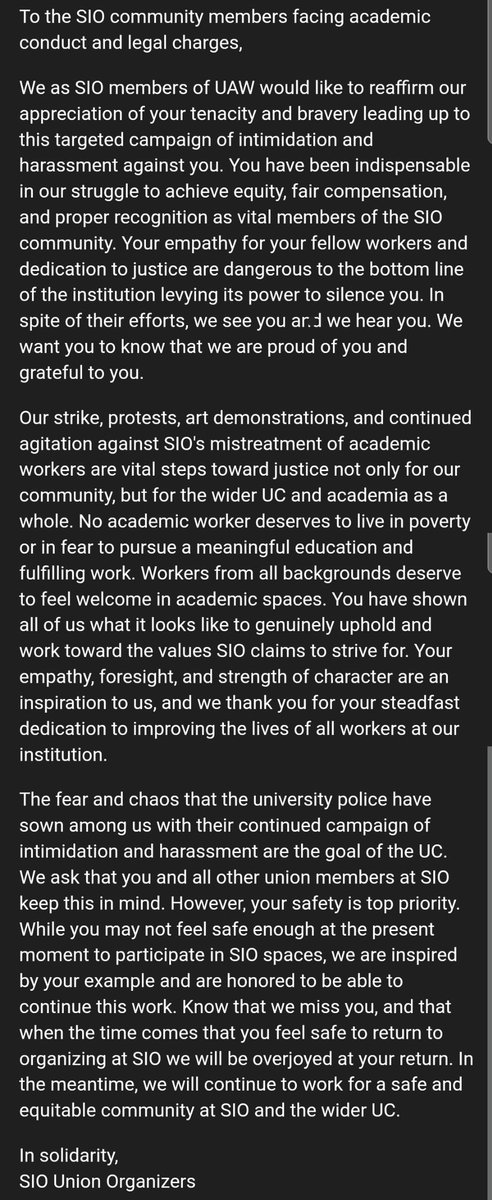 An email was sent out to @Scripps_Ocean (@UCSanDiego) to those affected by student/academic conduct & legal charges & who continue to be targeted. Always & forever, solidarity with our workers ✊ #DropTheCharges #fairUCnow @uaw2865 @gwup_ucsd @UCSD_Unions_UAW @UAW5810