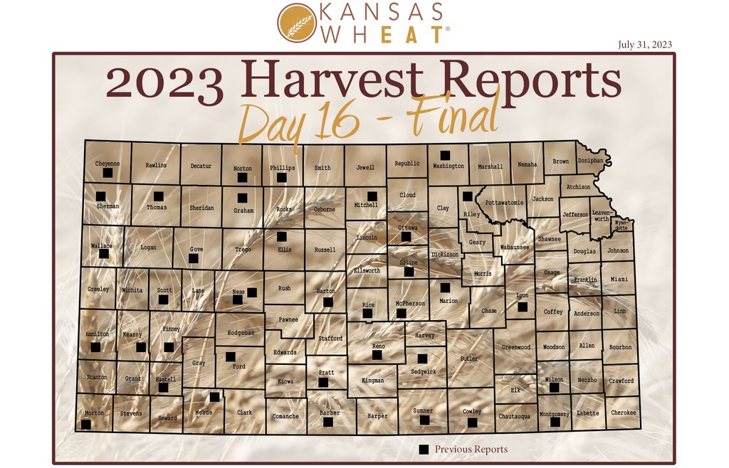KansasWheat's tweet photo. Final Report - The Kansas #wheatharvest23 is finally drawing to a close at 95% complete, according to @USDA_NASS. Overall, this wheat harvest will be one for the record books, although not in the way that producers would prefer. https://t.co/MwbjQUjh3T https://t.co/FSzC8Lx6Rd