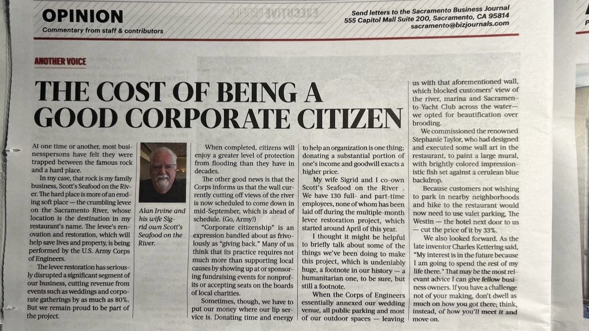 scotts_seafood's tweet photo. The Cost of Being a Good Corporate Citizen
------
What river? Learn more about the difficult summer at Scott's Seafood on the river.
Read More Here:
https://t.co/UDEyIEIF7v
------
#leveeproject #scottsseafood #sacramento #community https://t.co/c00VKZrXk6