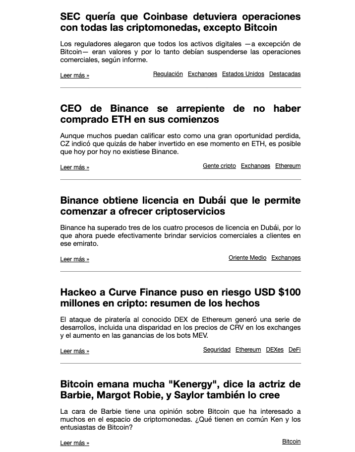 ⛔️ SEC vs Coinbase: Solo Bitcoin? 😱

💸 CEO Binance: Arrepentido de ETH? 😢

🏦 Binance: Licencia en Dubái 🎉

🔓 Hackeo Curve Finance: $100M? 💰

⚡️ Margot Robie y Saylor: Bitcoin = Kenergy 💫

👉 Más en nuestro newsletter 📰 
mailchi.mp/diariobitcoin/…