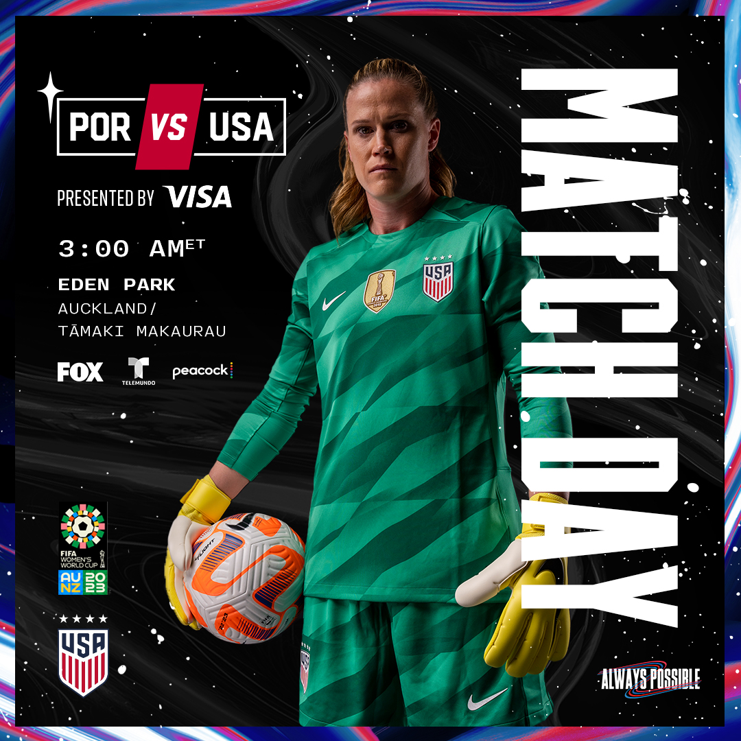 USWNT's tweet photo. IT'S MATCHDAY IN NEW ZEALAND!!! 

𝟮𝟬𝟮𝟯 𝗙𝗜𝗙𝗔 𝗪𝗼𝗺𝗲𝗻'𝘀 𝗪𝗼𝗿𝗹𝗱 𝗖𝘂𝗽 𝗚𝗿𝗼𝘂𝗽 𝗘    

🇵🇹 Portugal vs USA 🇺🇸

3 AM ET  
📍 Auckland / Tāmaki Makaurau

📺 FOX / Telemundo, Peacock    

Match Preview » https://t.co/ZTviivgTsZ

#USWNT x @Visa https://t.co/qFL6tbo8J2