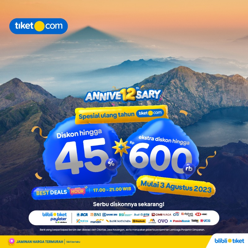 tiket's tweet photo. Spesial ulang tahun https://t.co/AT2gGfPEm8 diskon s.d 45% + 600rb untuk semua produk. Serbu sekarang!