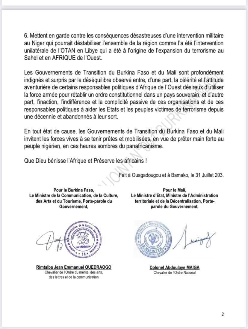 Coup d'État au Niger : le Burkina Faso et le Mali (dirigés par des juntes) annoncent qu’ils entreront en guerre en soutien au Niger, en cas d’intervention militaire de la CEDEAO. (communiqué) #News #Truth sobre O regime do Níger...