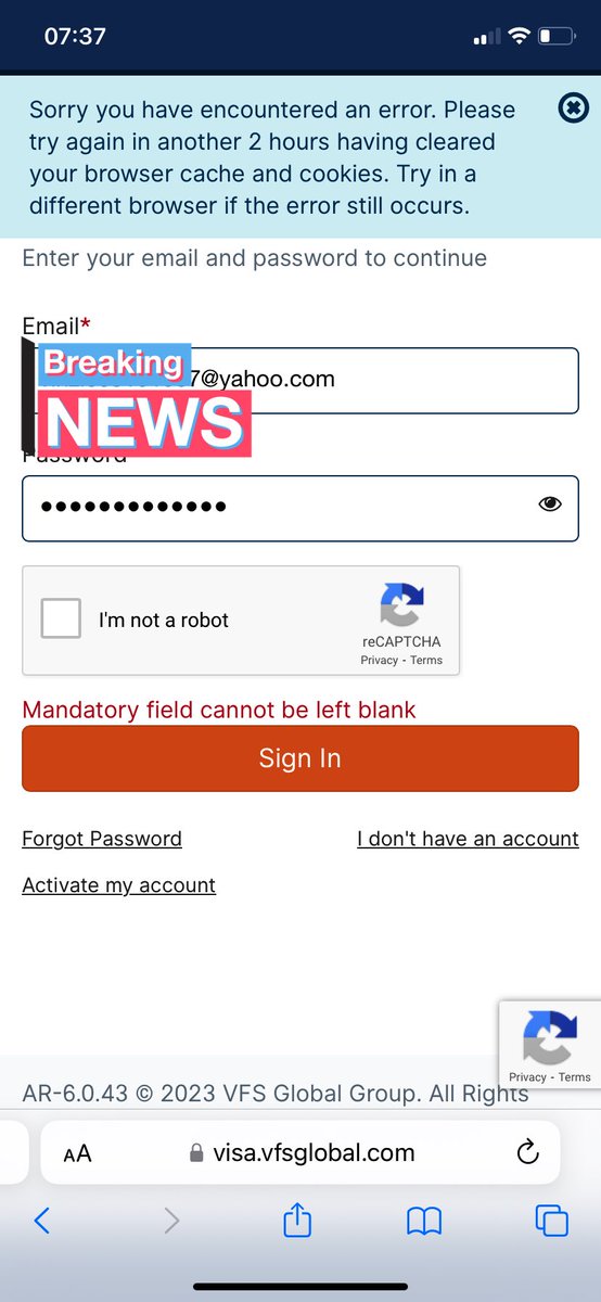 Escanv0316's tweet photo. @vfsglobalcare whats happening with your website! Been trying to book an appointment for a week! And this error pops up everytime! One week of this is too much! Its really frustrating. https://t.co/p9yYKVUQMJ