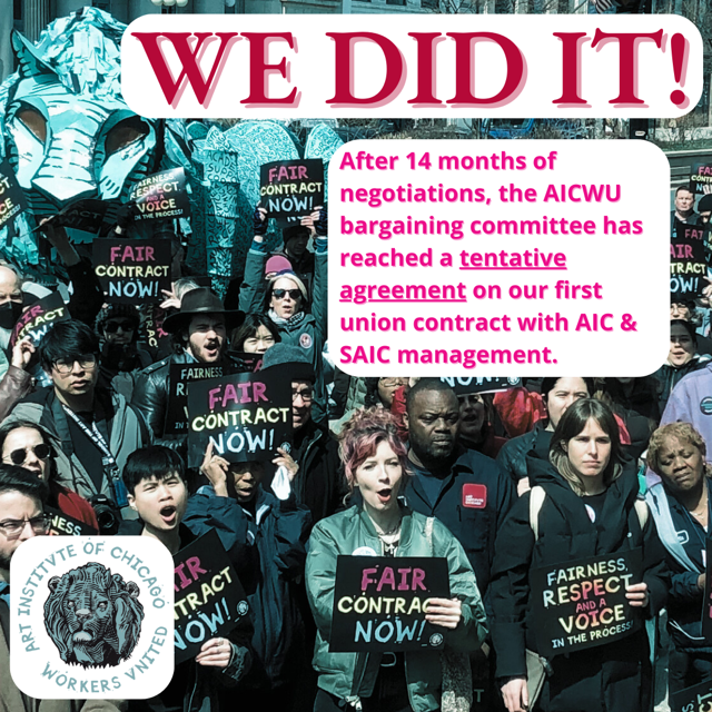 AICWUtweets's tweet photo. WE DID IT! The #AICWU bargaining cmte for AIC/SAIC staff has reached a tentative agreement on our first union contract with mgmt. We are elated, relieved &amp; eager to share details of this historic agreement w/ AICWU members at ratification meetings to be set very soon. Solidarity! https://t.co/h20FuZTN0H