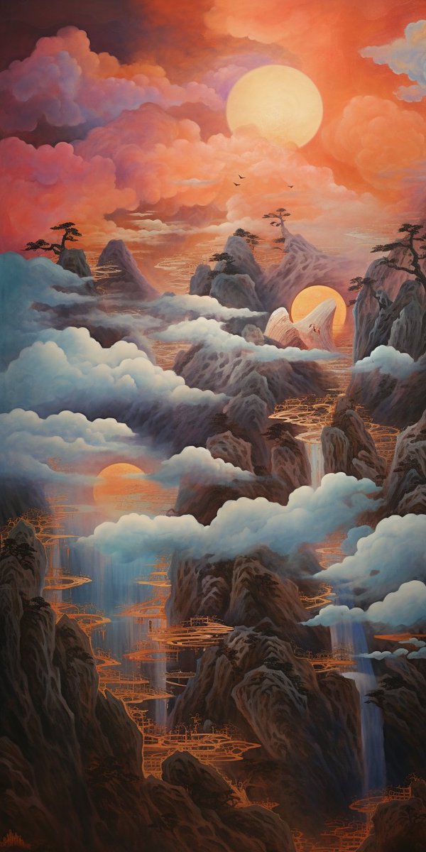 artoshi_ai's tweet photo. Amidst ancient scrolls, a world unfurls, In ink-drenched tales, nature softly swirls, Chinese landscape art, a timeless grace, Whispers of a tranquil, timeless place.
Mountains rise with brushstrokes bold, In misty hues of green and gold, A bridge of dreams connects the heart. https://t.co/vQqSfgQR41