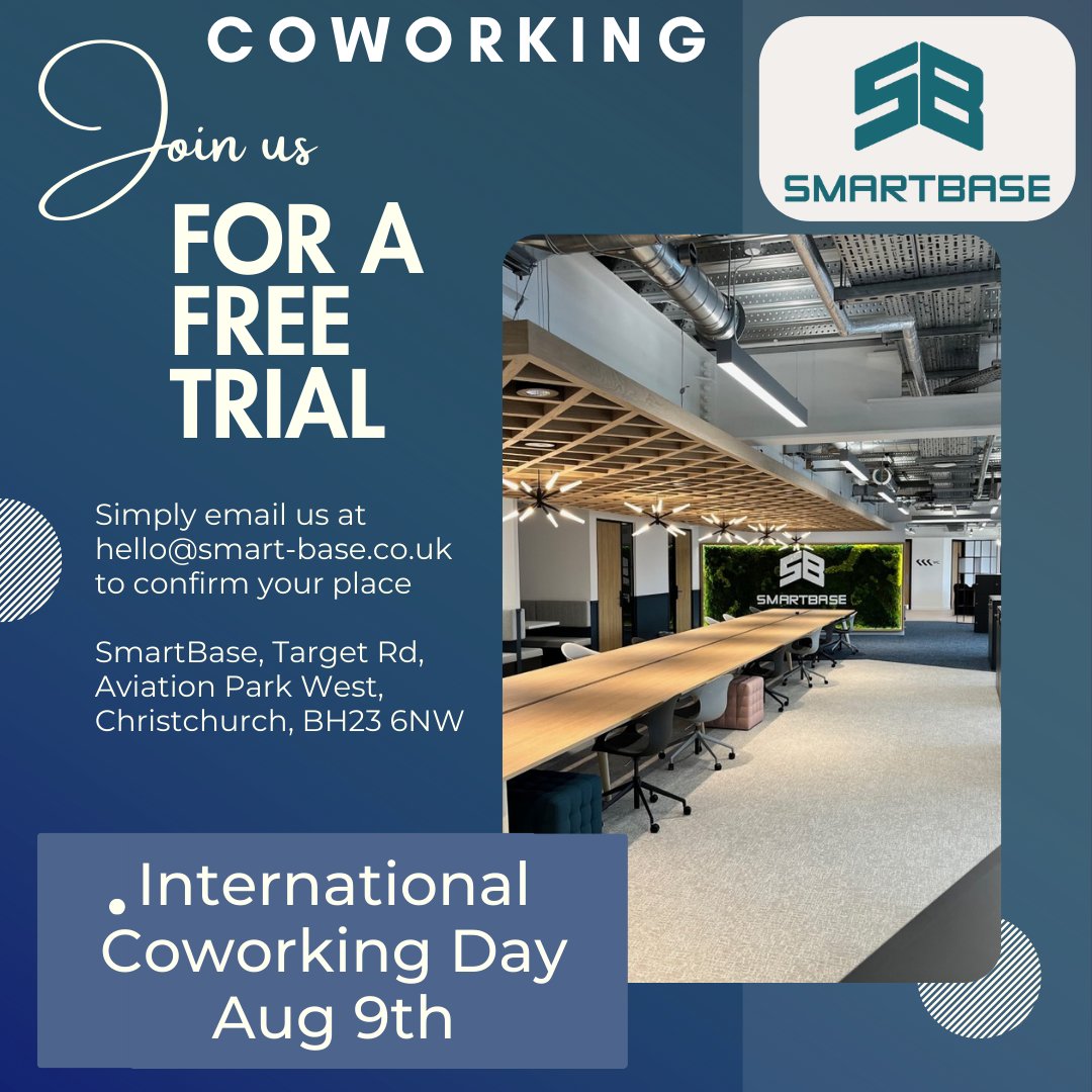 SmartBase UK (@smartbaseuk) on Twitter photo #InternationalCoworkingDay
Join us for a free trial on Weds 9th August at SmartBase. Just email your attendance and we'll book you in to come and try our fabulous facilities:-
hello@smart-base.co.uk #InternationalCoworkingDay
Join us for a free trial on Weds 9th August at SmartBase. Just email your attendance and we'll book you in to come and try our fabulous facilities:-
hello@smart-base.co.uk