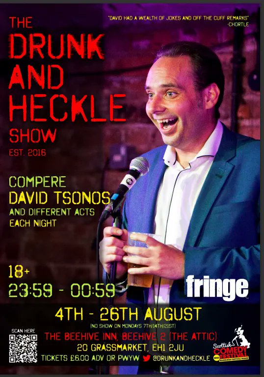 Hello if anyone is still on twitter anymore! I'm doing the drunk and Heckle show tonight in Edinburgh, come and watch :)