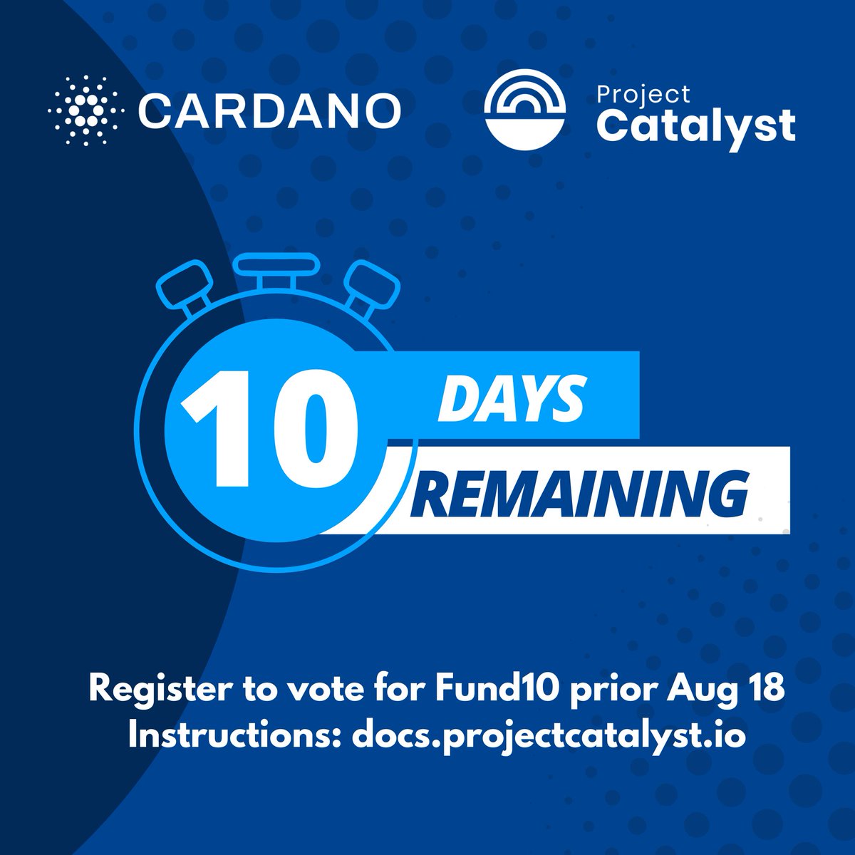 #Cardano, don't forget to (re)register to vote for Fund10 prior Aug 18.  

Find instructions here: docs.projectcatalyst.io/catalyst-basic…

📸 Snapshot (deadline to register); Aug 18, 9PM UTC 
🗳️ Voting window: Aug 31 - Sep 14
⚡️ Results: ±Sep 21