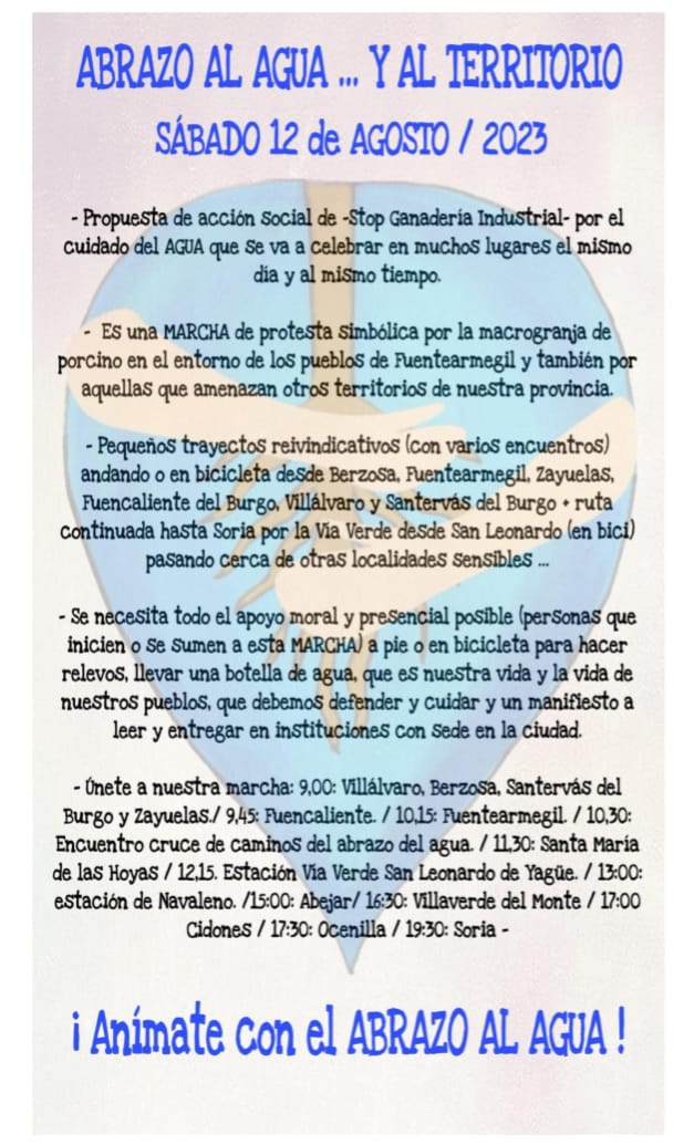 Marcha de protesta contra la macrogranja de porcino. Únete desde cada pueblo al Abrazo al Agua el próximo sábado 12 de agosto!!
#AbrazoAlAgua12A #StopMacrogranjaFuentearmegil #StopGanaderíaIndustrial #Soria #AguaPotable