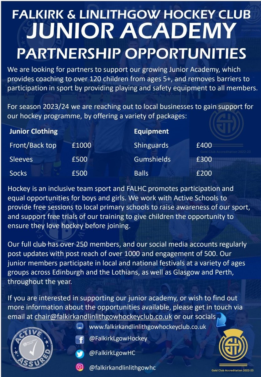 Falkirk&LinlithgowHC (@falkirklgowhc) on Twitter photo Our Junior Academy provides hockey coaching and playing opportunities for over 120 children from 5-17
For season 23/24 we are looking for new partners to support our young hockey players.
Please message or contact chair@falkirkandlinlithgowhockeyclub.co.uk for details Our Junior Academy provides hockey coaching and playing opportunities for over 120 children from 5-17
For season 23/24 we are looking for new partners to support our young hockey players.
Please message or contact chair@falkirkandlinlithgowhockeyclub.co.uk for details