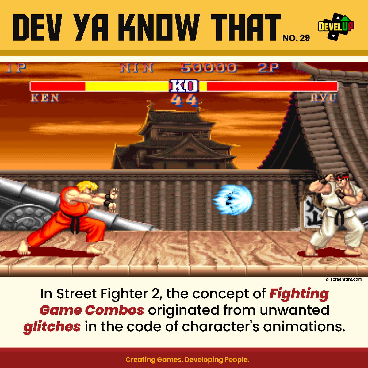 DevelUP_Diliman's tweet photo. What bug? That's a feature. ๐โ๏ธ
Stunlocks, an component of combos, was originally an animation bug in Street Fighter II. This "bug" happens when a the flinch animation after getting hit is long enough for the opponent to land another attack.
#DevYaKnowThat #DevelUP #SF2 https://t.co/09uT0CKeXU