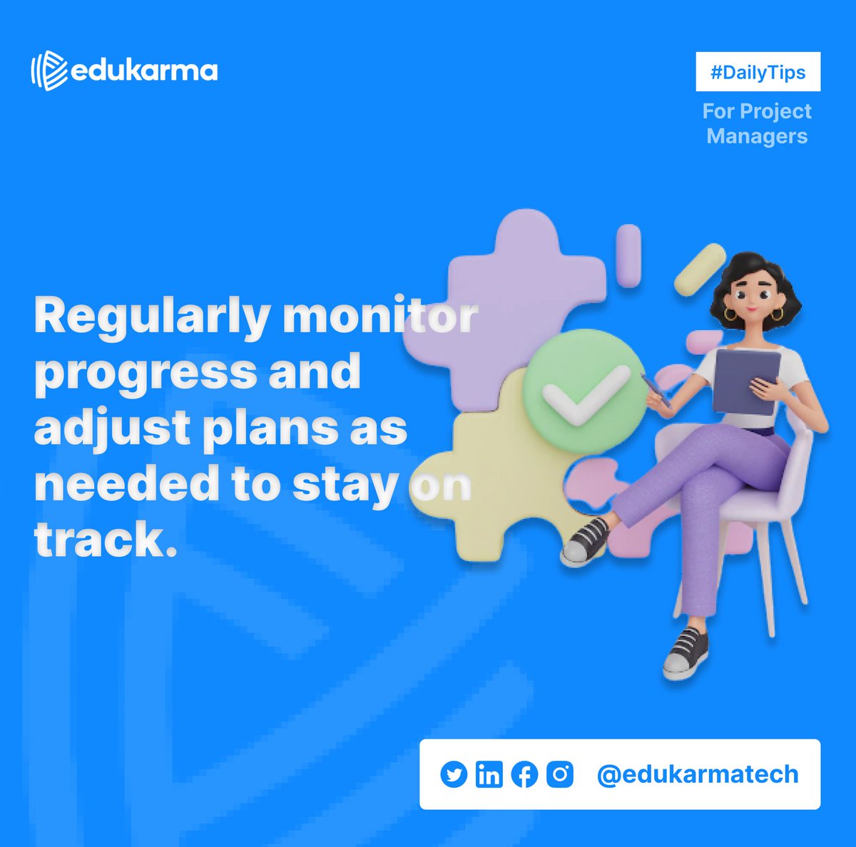 EduKarmaTech's tweet photo. Monitoring progress is key to ensuring your project stays on track and is completed as planned. 🚀 Keep an eye on timelines, budgets, and resource allocation to identify potential issues early on and take action to address them. 🕵️‍♀️ #projectmanagement #progressmonitoring https://t.co/dkKk5VMnlx