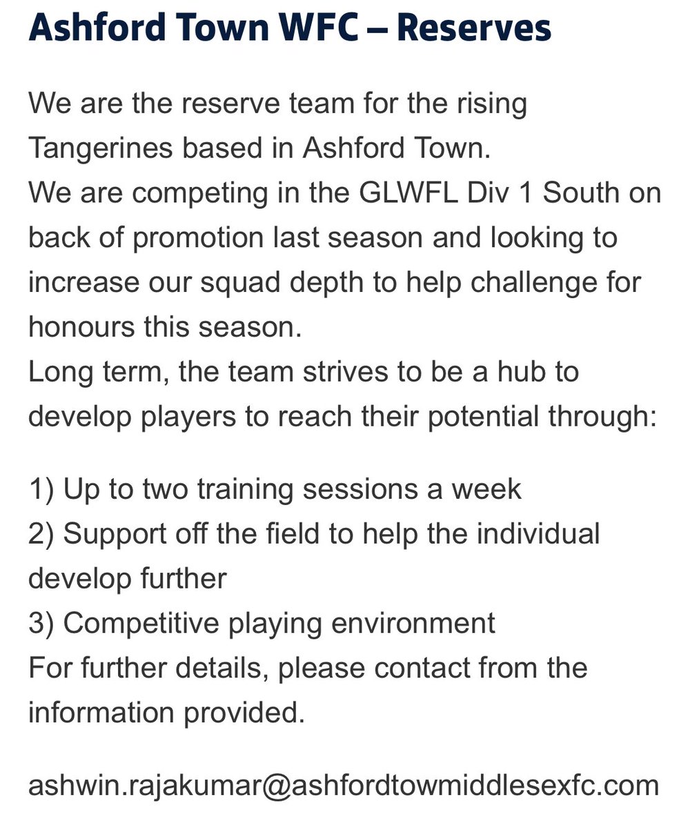 AshfordTownWFC's tweet photo. 🚨 PLAYERS WANTED 🚨 

Our reserve team are looking for committed players to join their squad for the upcoming season. 

Training this Wednesday 7.30 - 9pm 

Please get in touch below if interested 🍊 https://t.co/z9NpdIYIBb