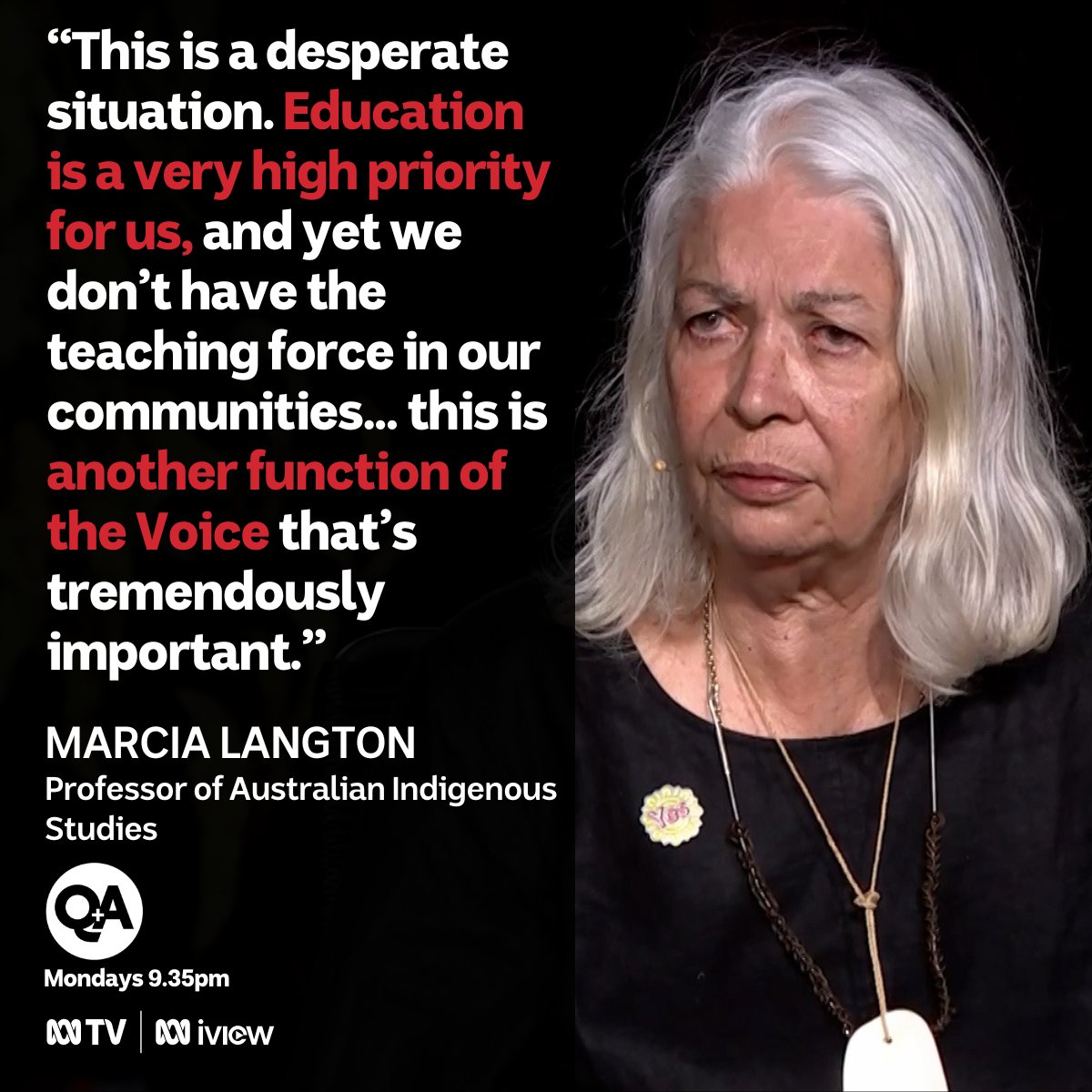 Marcia Langton says the Voice would “have the convening power of a national advisory body to bring the Commonwealth, the states together to resolve matters of national priority, like education”. Watch the full episode here: bit.ly/3qlHrwy #QandA