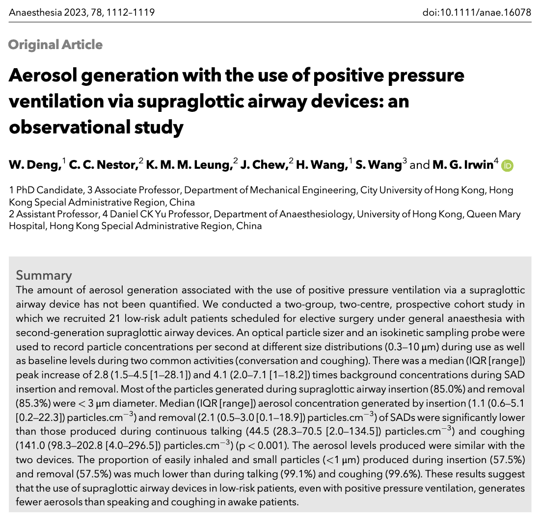 🔓Aerosol generation with the use of positive pressure ventilation via supraglottic airway devices: an observational study.

This great new paper from <a href="/clairenestor1/">ClaireNestor</a> and <a href="/mgirwin/">MICHAEL G IRWIN</a> is now #OpenAccess and #FreeForever!

🔗…-publications.onlinelibrary.wiley.com/doi/10.1111/an…