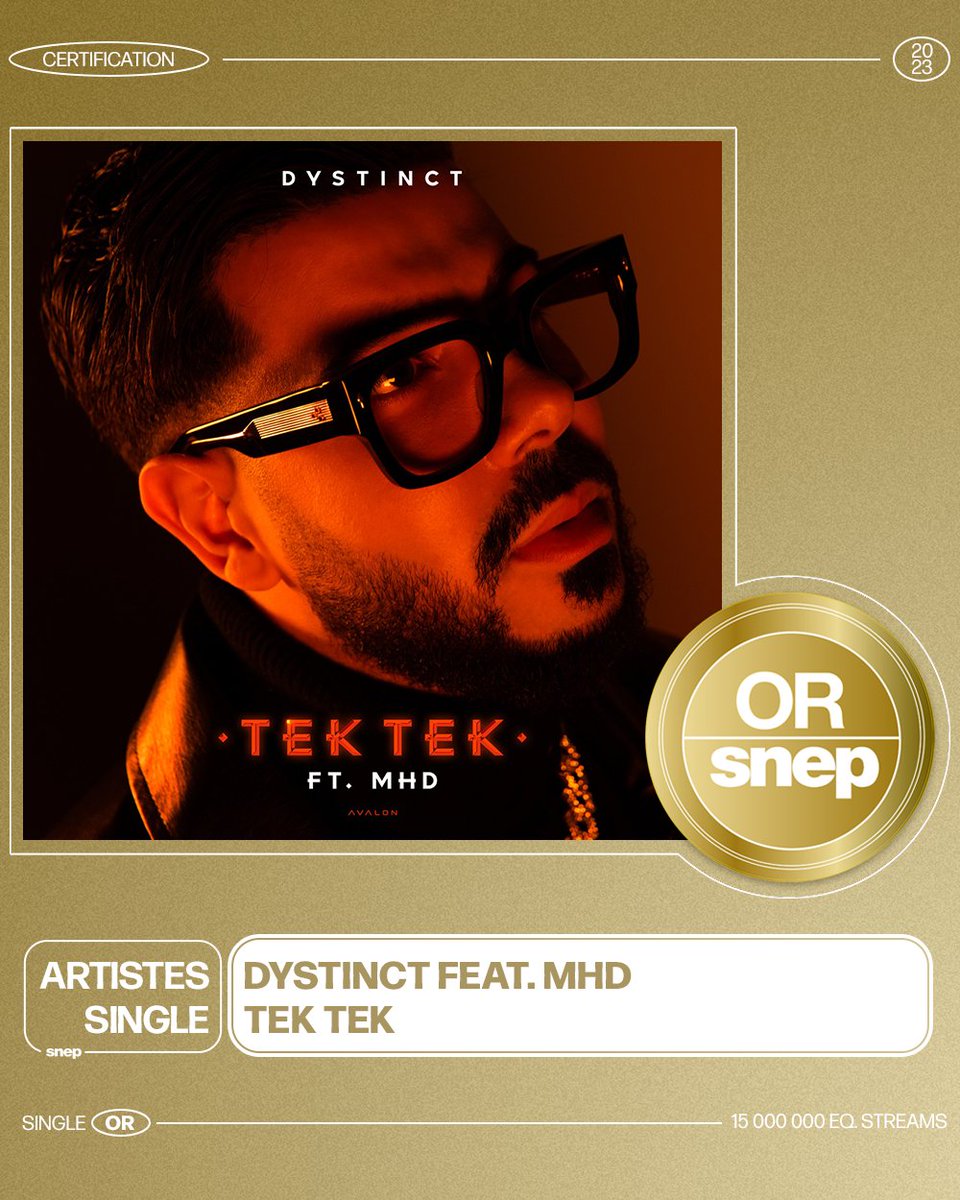 Le titre « Tek Tek » de Dystinct &amp; MHD est certifié Single Or ! 📀

15 000 000 équivalents streams 🎧

Bravo ! 👏