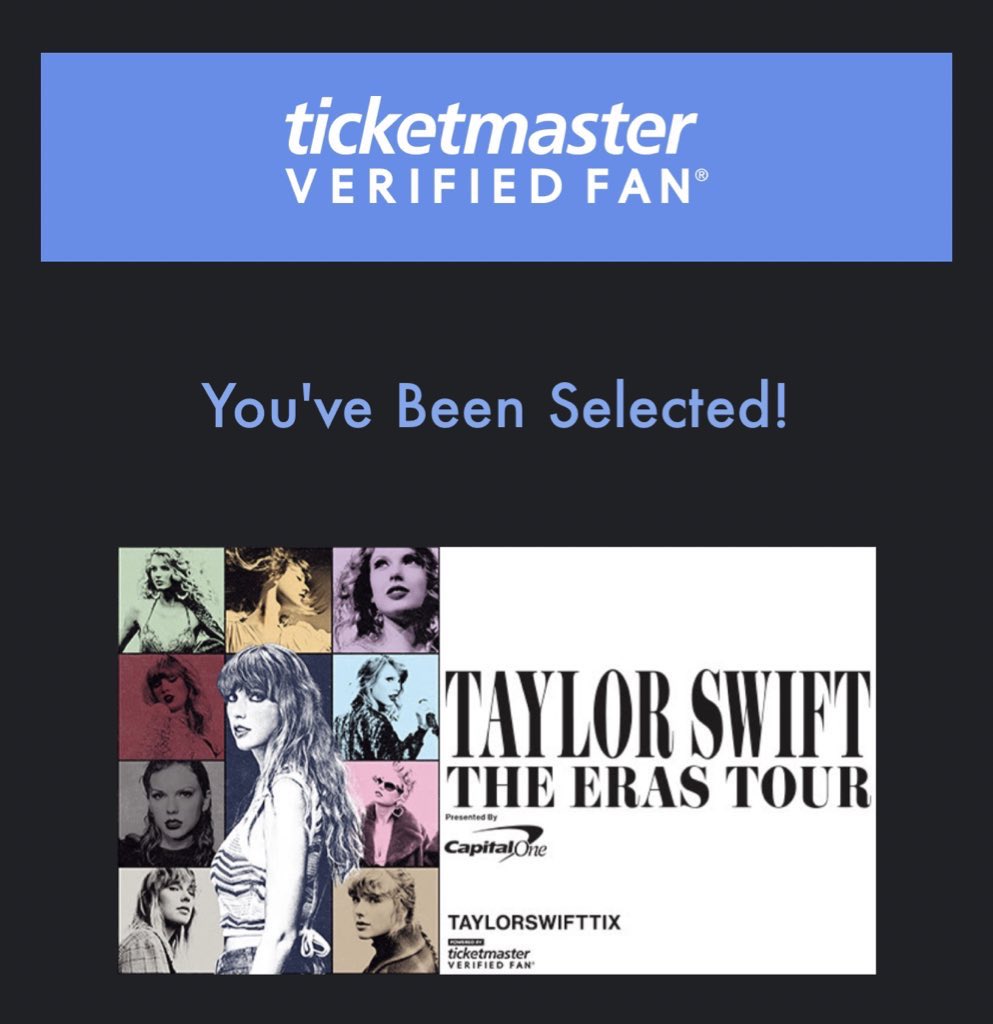 i thank the universe for being selected for the eras tour presale
i thank the universe for my eras tour tickets
i am so grateful i get to see taylor
i am so grateful i got this email
i am so thankful for my good karma
i am so thankful for my eras tour tickets