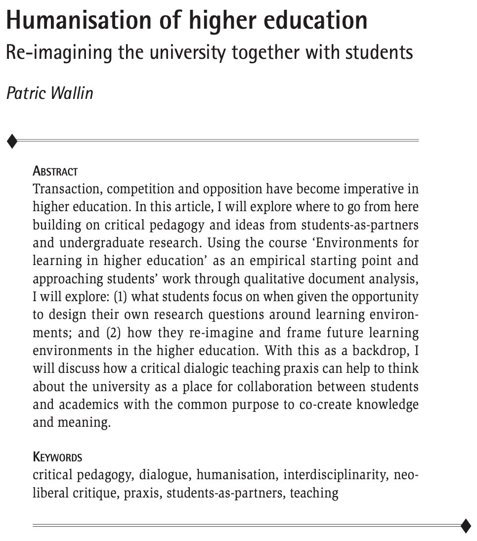 Really happy that my work on 'Humanisation of higher education - Re-imagining the university together with students' got published in the @BerghahnAnthro LATISS special issue on 'Alternative forms of organising academic work in universities' #HigherEd doi.org/10.3167/latiss…