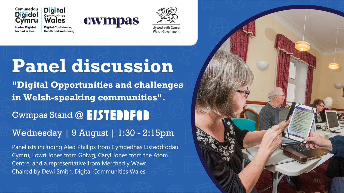 🗓️ Join us tomorrow at the @Cwmpas_Coop #Steddfod2023 stand for a panel discussion on the digital opportunities and challenges in Welsh speaking communities, with @steddfota16, @Golwg360, @yr_atom and @YWAWR. The discussion will be chaired by @Dewi_DCW. #digitalinclusion