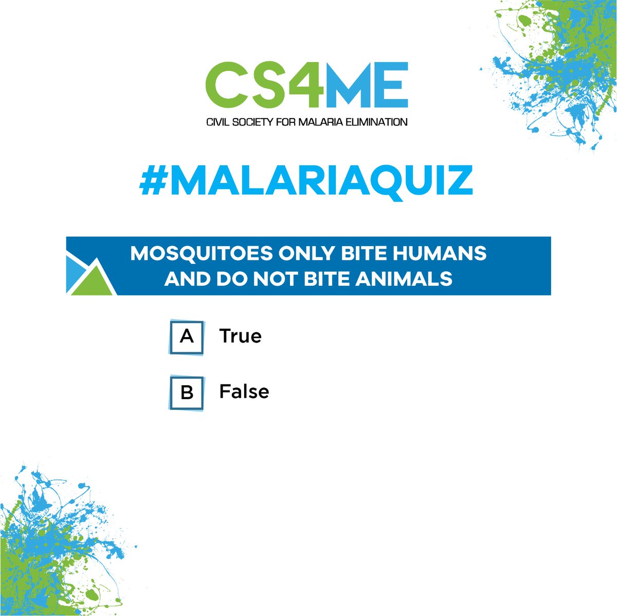 CS4MEglobal's tweet photo. #QuizTime |True or false?

We are back with our monthly quiz, Can we get to know more about #Malaria? Participate by answering with the right answer in the comment section  ⤵️ https://t.co/MTfOYAotqo