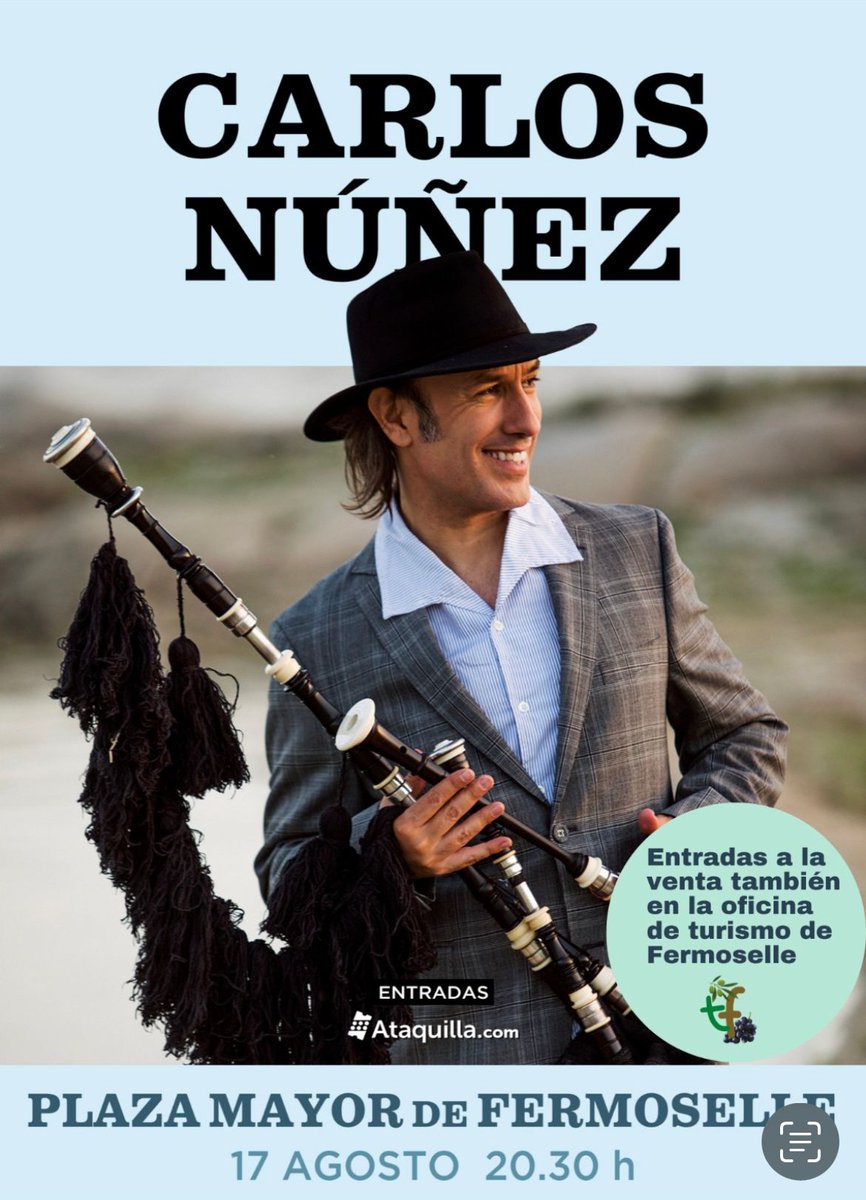 CARLOS NUÑEZ llega a Fermoselle en su "Xira Lugares Máxicos", el próximo 17 de agosto a las 20:30h en la Plaza Mayor de Fermoselle. Compra tus entradas en la oficina de turismo o en el enlace: entradas.ataquilla.com/ventaentradas/…