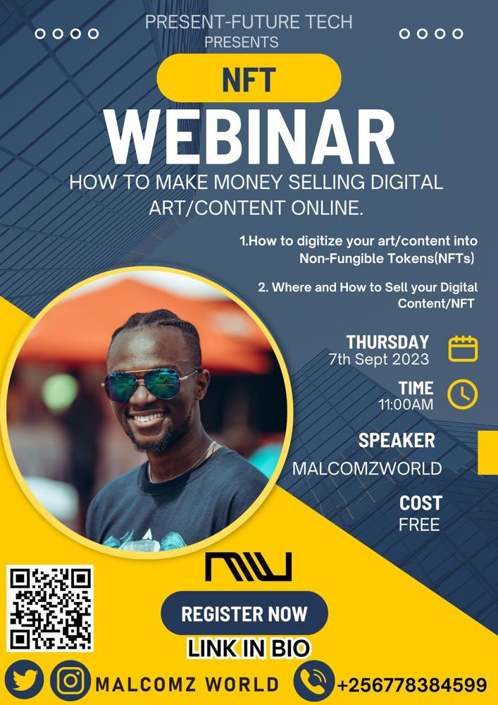 hosnimubaraq_'s tweet photo. 📌 NFT Webinar
Theme : How to make money selling Digital Art/Content Online
Speaker : @MALCOM_ERANDA
🗓️ : 7th September
⏳ : 11AM EAT
💰 : FREE
Register now to book your slot : https://t.co/1s5zjibKzJ
#NFTs #DigitalArt #PresentFuture
Retweet/Repost https://t.co/wOyujvW2sA