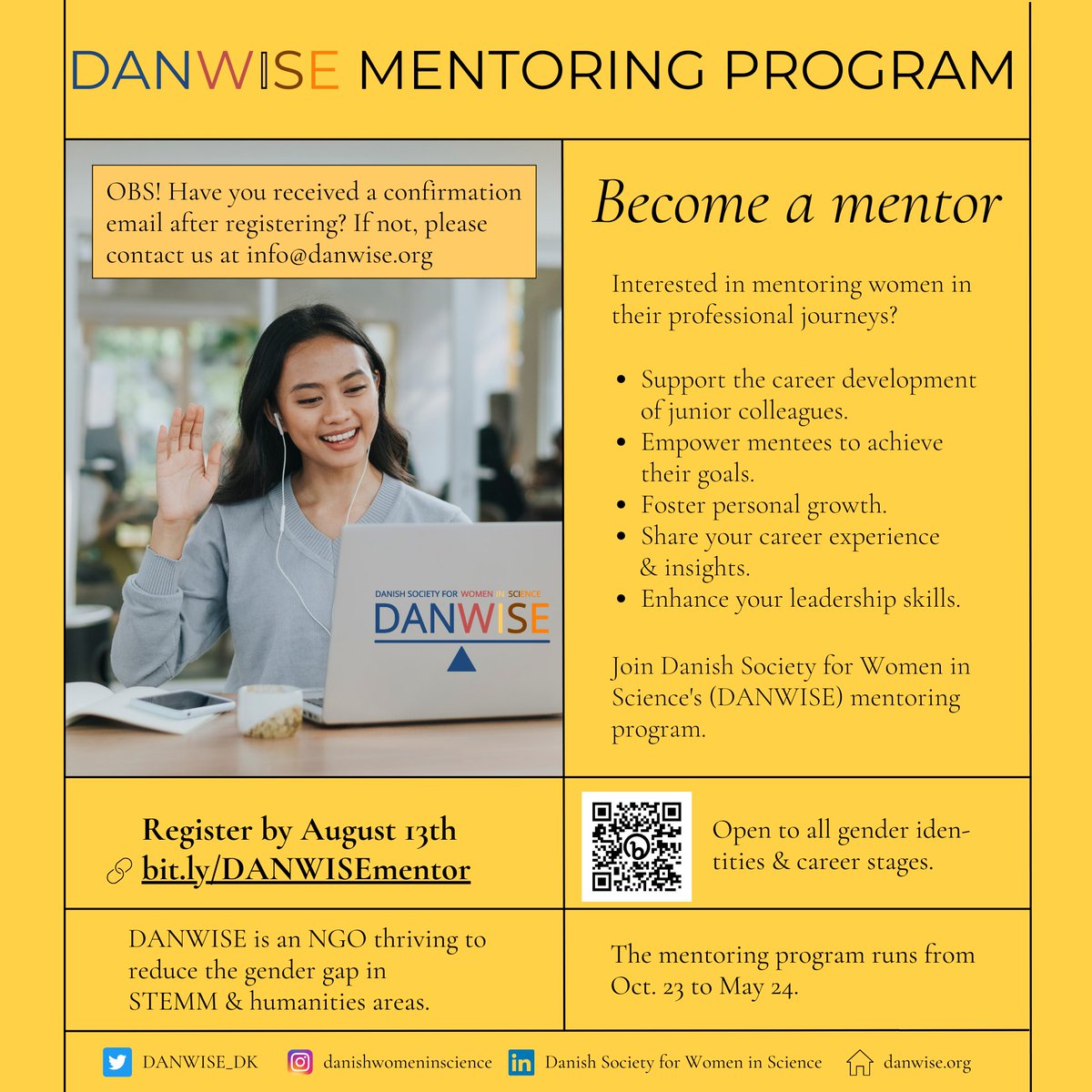 DANWISE_DK's tweet photo. Register as a mentor by Sunday at https://t.co/HMAiokeZr5
#mentorship #empowerment #careergrowth #genderequality #womeninstemm #womeninscience #danishwomeninscience #danwise https://t.co/1vuaMWlHmp