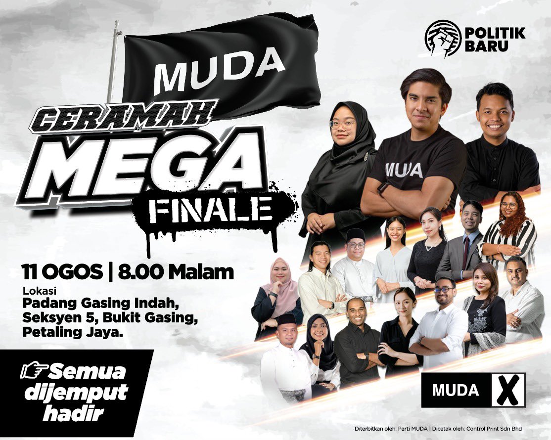 partimuda's tweet photo. 𝘾𝙀𝙍𝘼𝙈𝘼𝙃 𝙈𝙀𝙂𝘼 𝙁𝙄𝙉𝘼𝙇𝙀 𝙈𝙐𝘿𝘼

Semakin hampir kita dengan tarikh Pilihan Raya Negeri, bahangnya kini kian hangat terasa. 

Kali ini MUDA tampil sebagai  kuasa ketiga bagi memastikan semak dan imbang, serta pembaharuan progresif! 

Kami menjemput anda semua untuk hadir dan dengarkan tawaran dari barisan calon-calon MUDA! 

Demi masa depan kita semua. 

#PolitikBaru